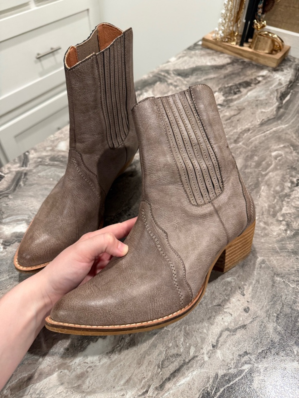 Women's Taupe Western Ankle Booties with Low Stack Heel - Picture 6 of 8